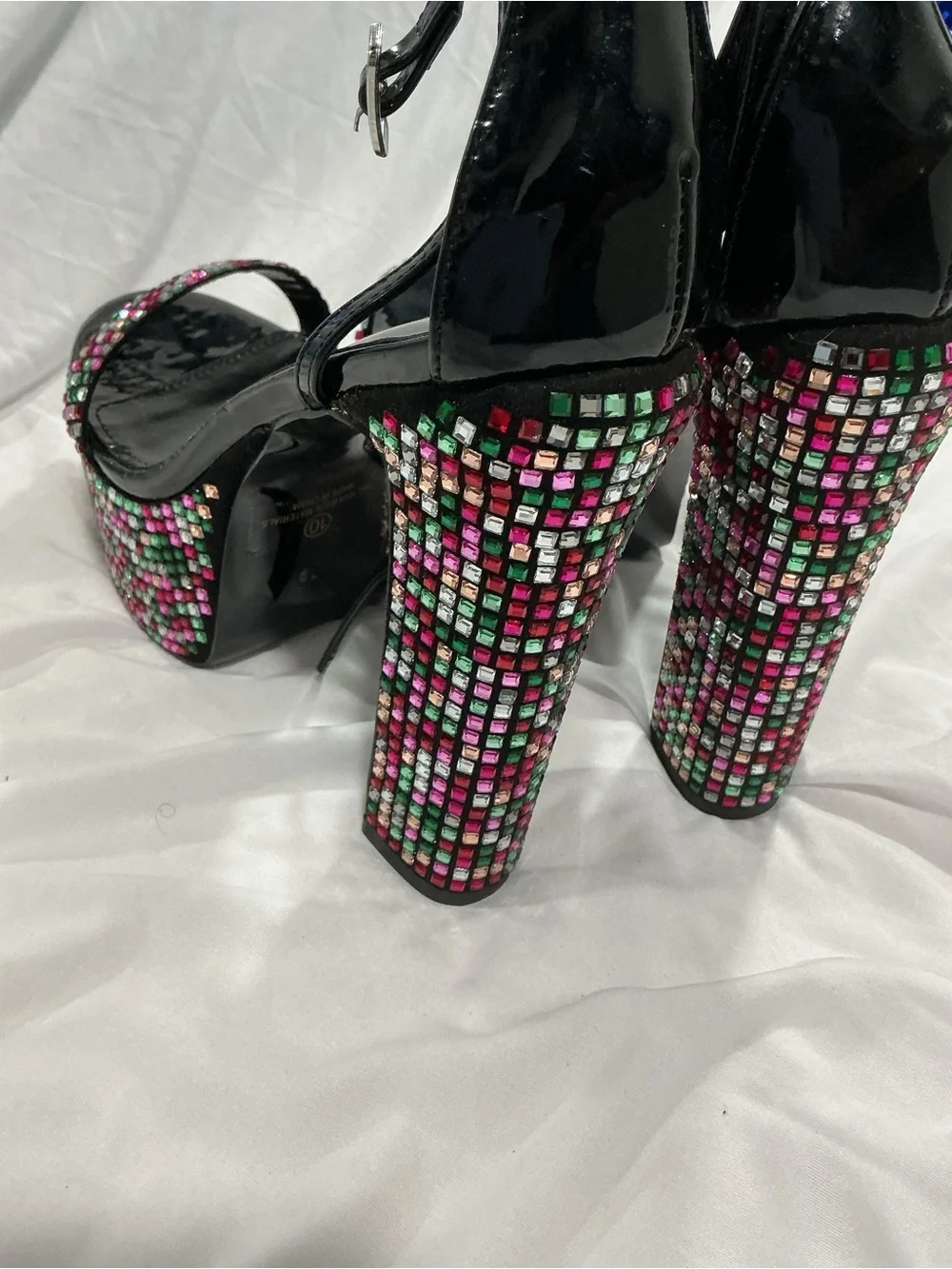 Fashion Nova Black Platform Heels with Multicolor Gem Accents